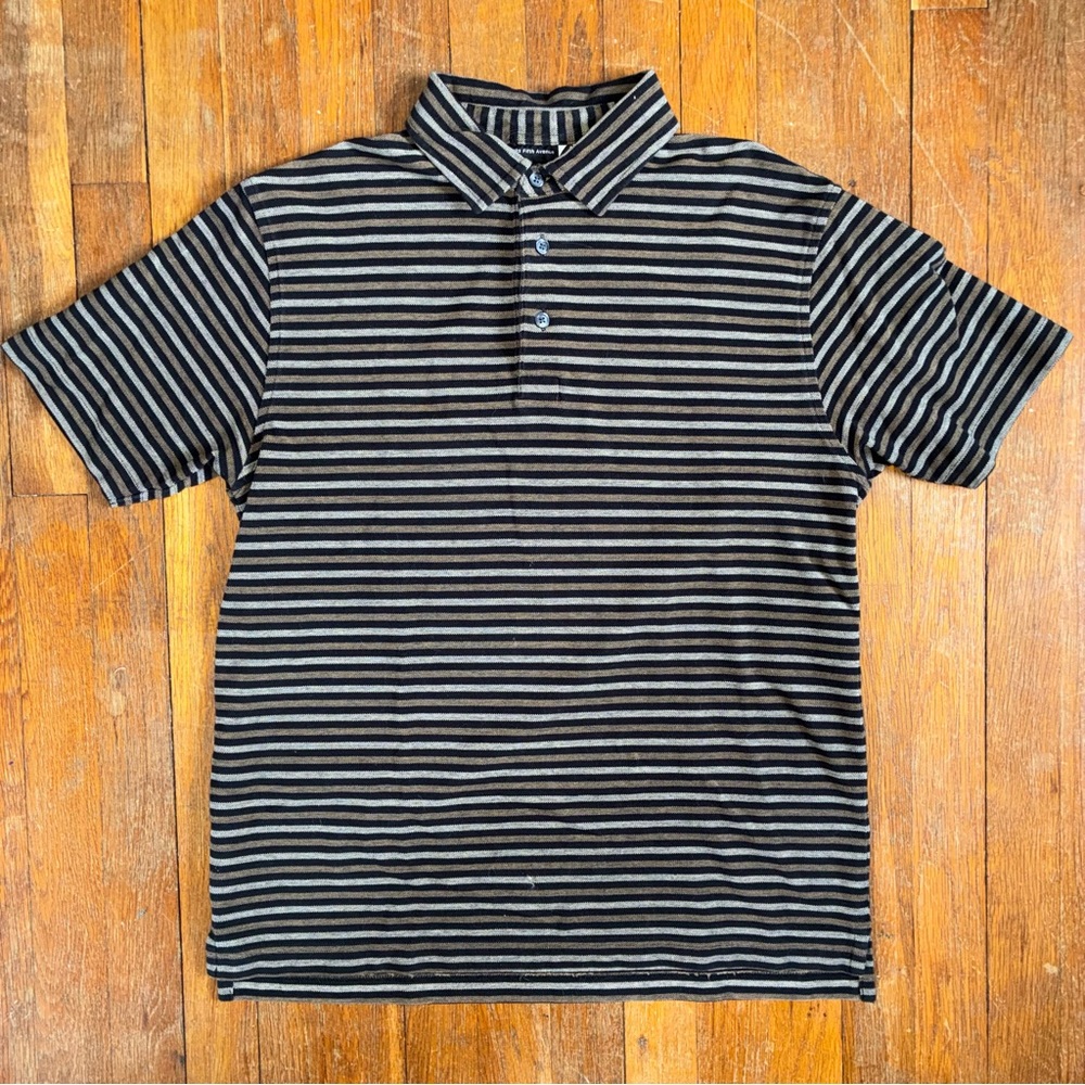 Saks Fifth Avenue Black, Brown, and Gray Striped Polo
